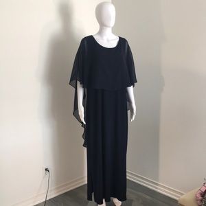 Glamour Nights, Navy Blue Dress with attached sheer Overlay.